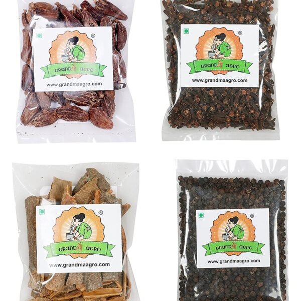 Grandmaa Agro Black Pepper, Black Cardamom, Cloves and Cinnamon Sticks (Kali Mirchi + Badi Elaichi + Laung + Dalchini or Kalmi)