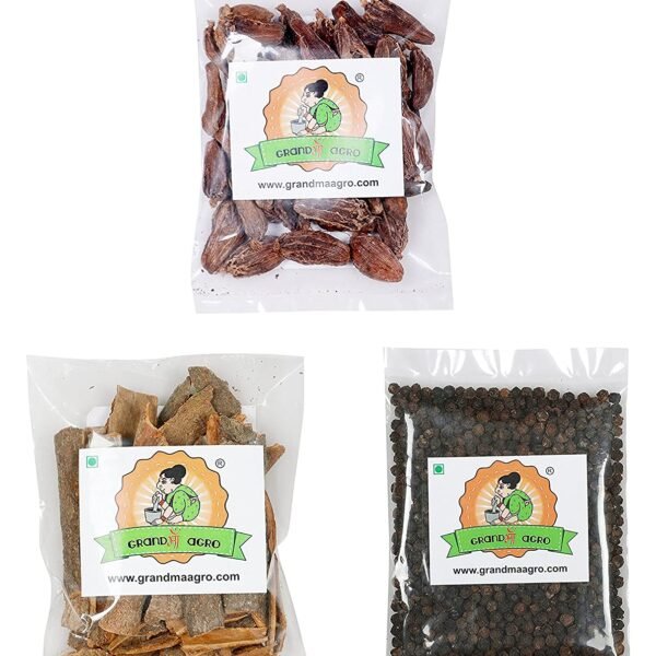 Black Pepper, Black Cardamom and Cinnamon Sticks (Kali Mirchi + Kali Elaichi + Dalchini (Kalmi))